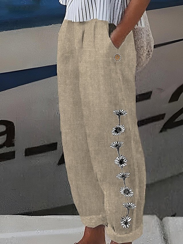 Casual Loose Floral Elastic Waist Long Trousers - Image 1