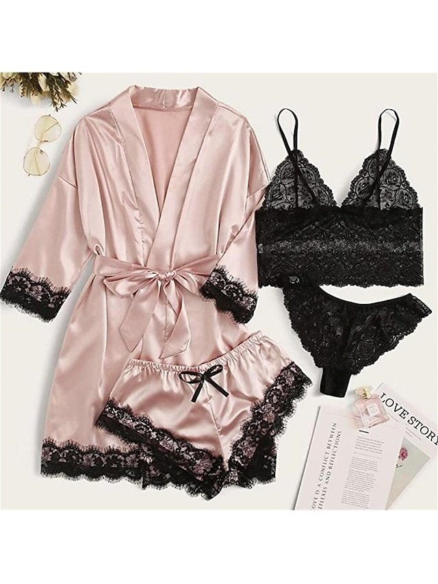 Casual Loose Pure Colour V Wire Long Sleeve Shorts Pajama Set - Image 1