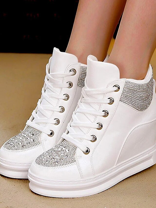 Casual Platform Rhinestone Round Toe High Top Wedge Sneakers - Image 1