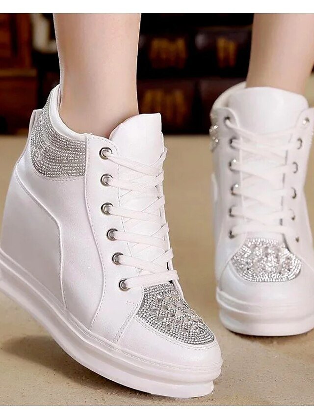 Casual Platform Rhinestone Round Toe High Top Wedge Sneakers - Image 2