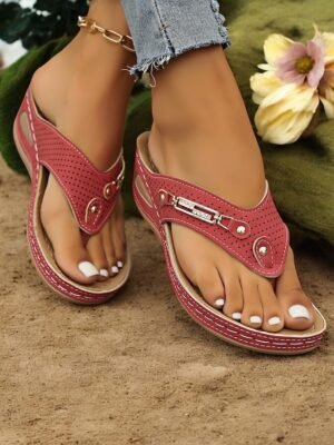 Casual Red Perforated Round Toe Rhinestone Flip-Flop Sandals - Image 2