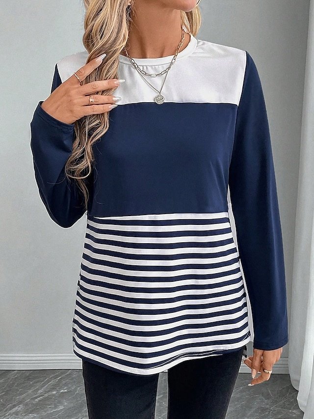 Casual Regular Striped Crew Neck Long Sleeve Tops - Image 2