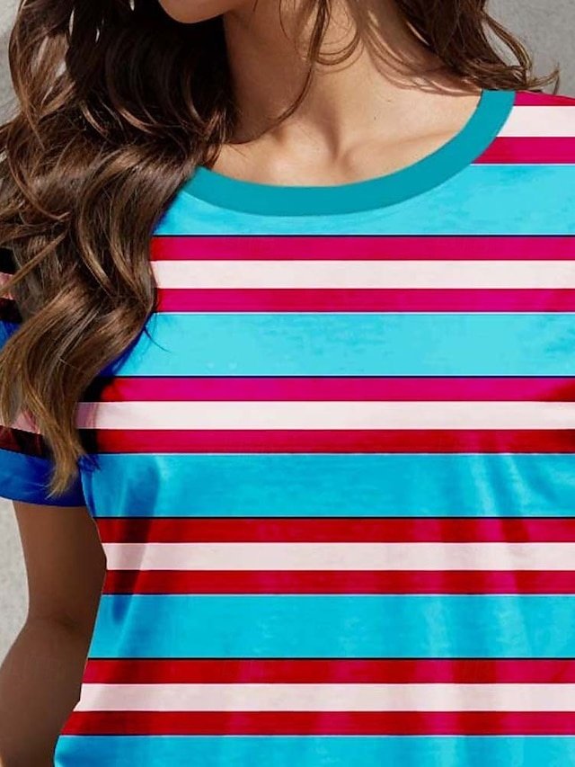 Casual Regular Striped Round Neck Short Sleeve Summer T-Shirt - Image 2