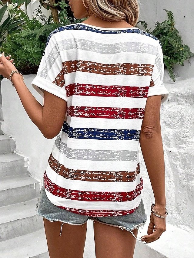 Casual Relaxed Fit Striped V-Neck Short Sleeve Tee - Image 2