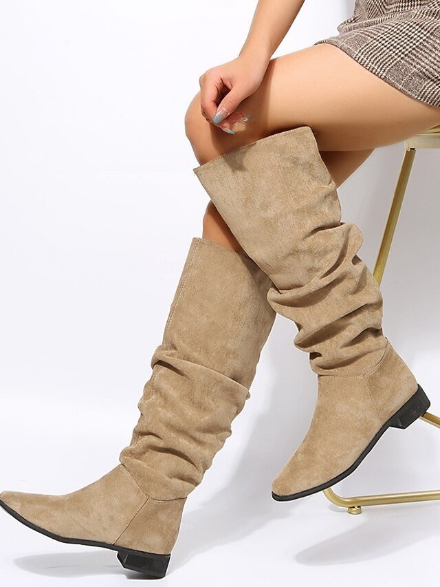 Casual Slouchy Tan Knee-High Low Heel Suede Boots - Image 1