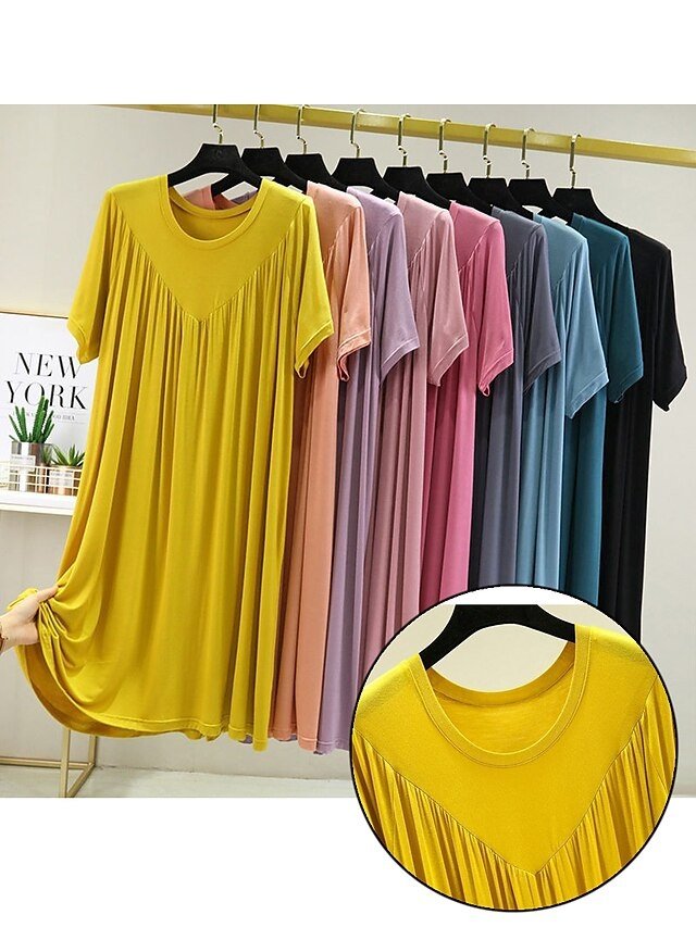 Casual Soft Pure Crew Neck Short Sleeve Summer Nightgown - Image 2