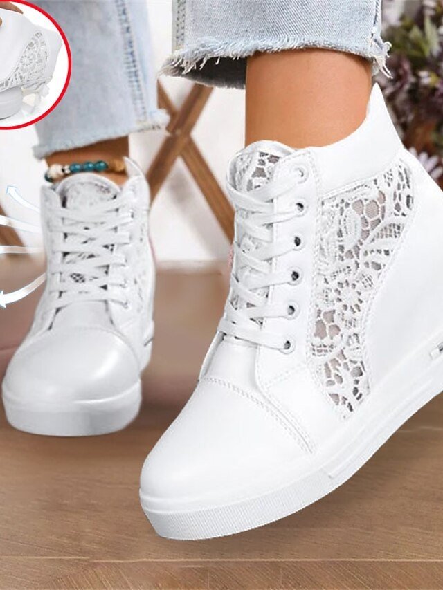 Casual Wedge Lace Panel Round Toe High-Top Sneakers - Image 1