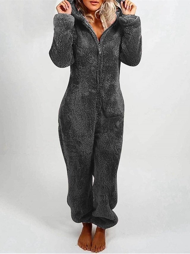 Cozy Comfort Fit Solid Hooded Long Sleeve Fleece One-Piece - Image 2