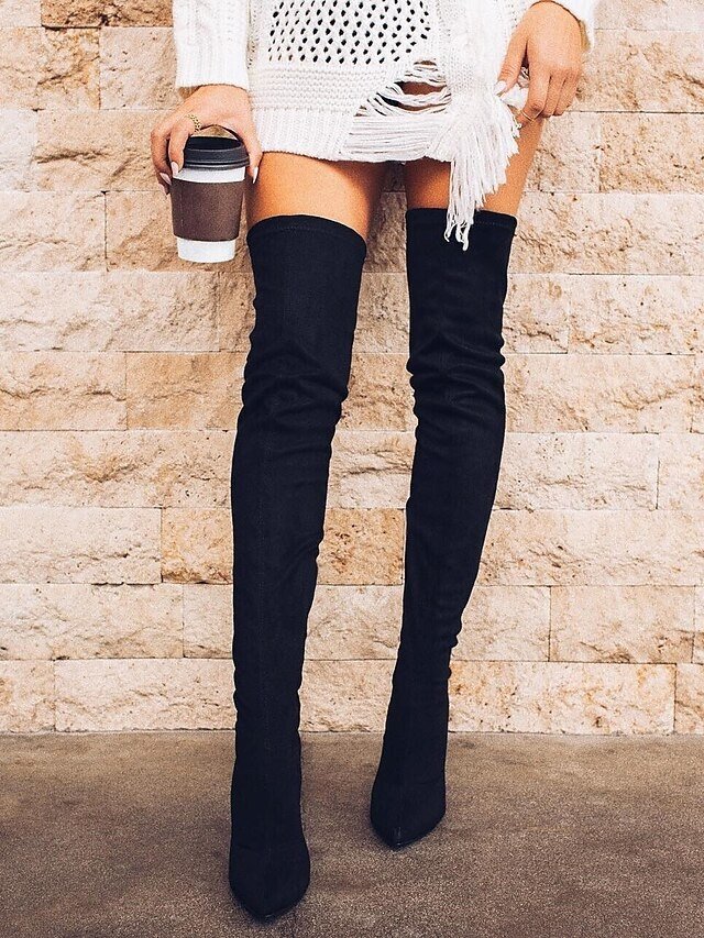Elegant Black Pointed Toe Thigh-High Stiletto Heeled Boots - Image 1