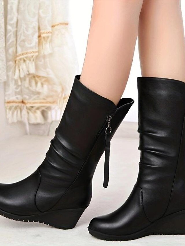 Elegant Classic Solid Slouchy Round Toe Mid Calf Boots - Image 1