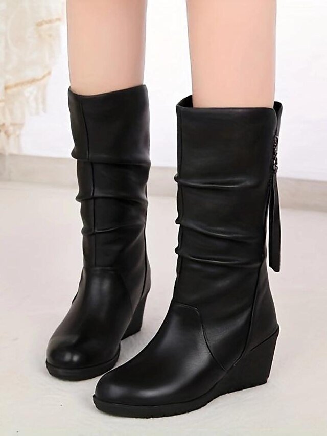 Elegant Classic Solid Slouchy Round Toe Mid Calf Boots - Image 2