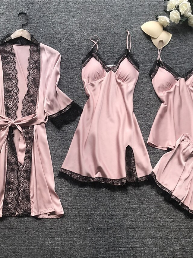 Elegant Loose Pure Colour Strap Neck Short Sleeve Silk Pyjama Set - Image 1