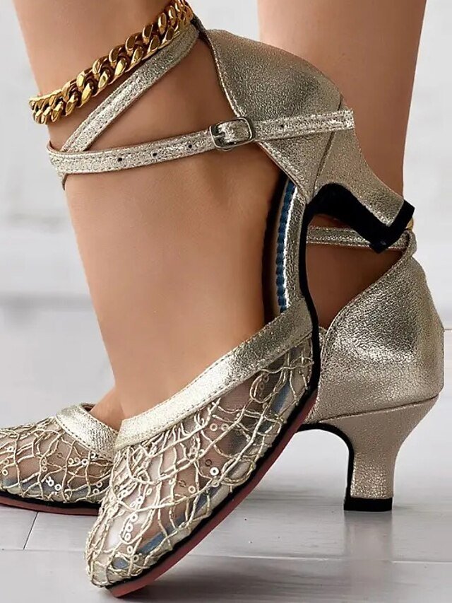 Elegant Mid Heel Lace Ankle Strap Dance Shoes - Image 1