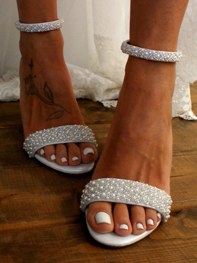 Elegant Pearl Embellished Ankle Strap Block Heel Sandals - Image 1