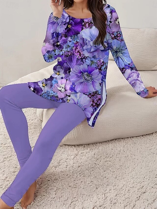 Elegant Regular Fit Floral Round Neck Long Sleeve T-Shirt & Pants Set - Image 2