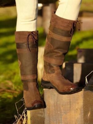 Equestrian Tall Brown Round Toe Chunky Heel Riding Boots - Image 3