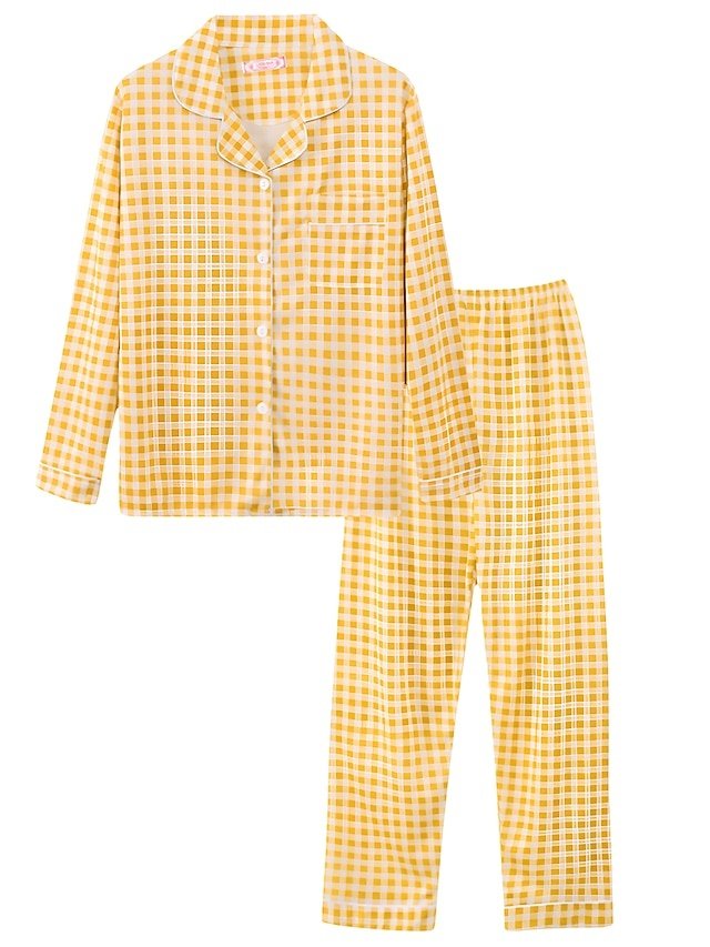 Fashion Comfort Heart Plaid Lapel Long Sleeve Satin Pyjama Set - Image 2