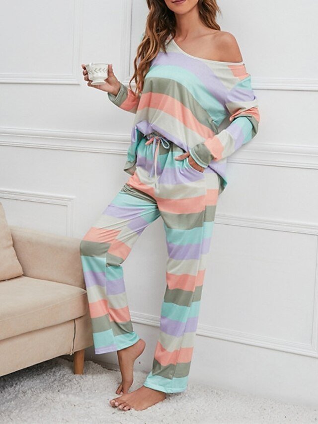 Fashion Comfort Loose Rainbow Stripe V Wire Long Sleeve T-Shirt Pant Pajama Set - Image 2