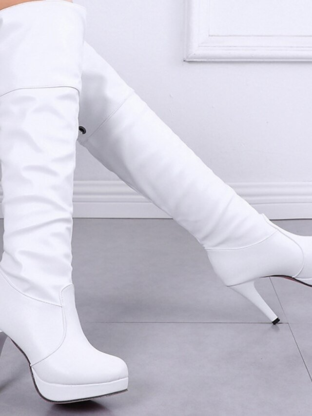 Party Fitted White Round Toe Knee-High Stiletto Boots - Image 1