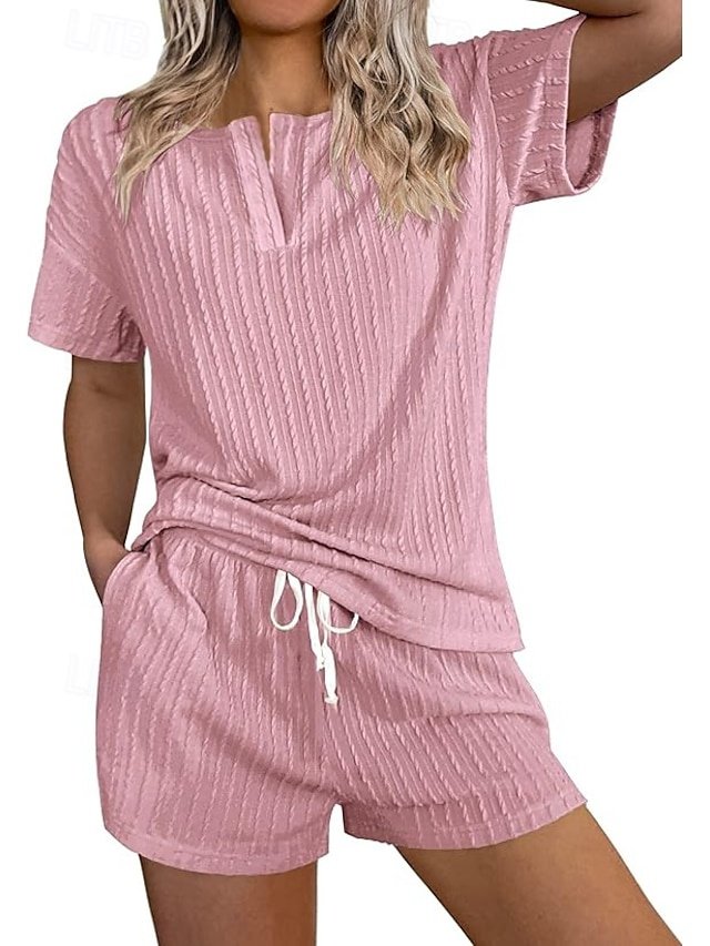 Simple Casual Loose Fit V Neck Short Sleeve Summer Loungewear Pajama Set - Image 1