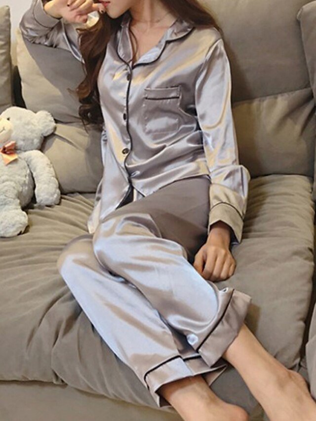 Simple Casual Soft Pure Colour Shirt Collar Long Sleeve Long Pant Pajama Set - Image 3
