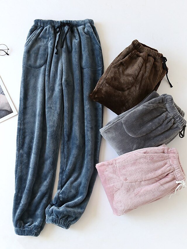 Simple Plush Fleece Elastic Waist Long Pajama Pants - Image 1