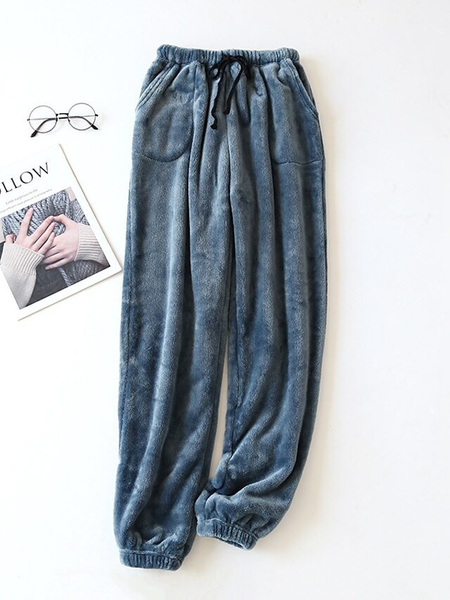 Simple Plush Fleece Elastic Waist Long Pajama Pants - Image 2