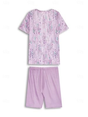 Sleepwear Casual Floral Stripe V Neck Short Sleeve Capri Leggings Set - Image 10
