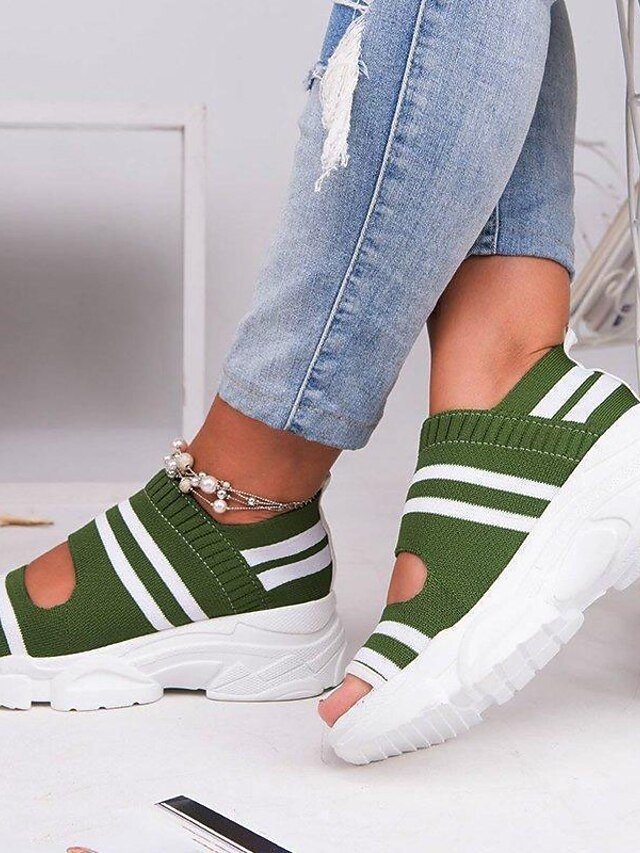Sporty Knit Striped Open Toe Chunky Sole Sandals - Image 1