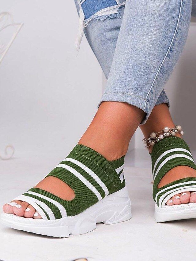 Sporty Knit Striped Open Toe Chunky Sole Sandals - Image 2