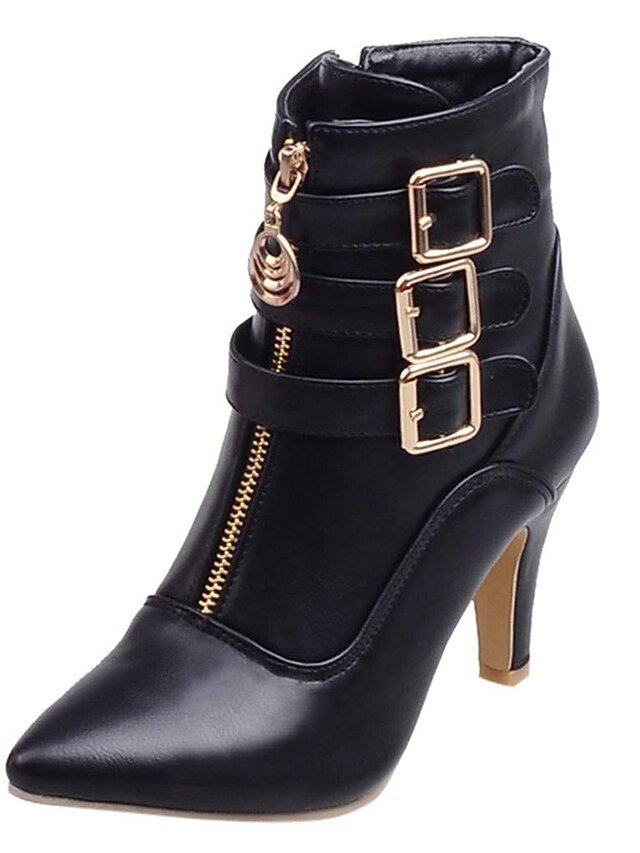 Stylish Faux Leather Pointed Toe Ankle Buckle Kitten Heel Boots - Image 2