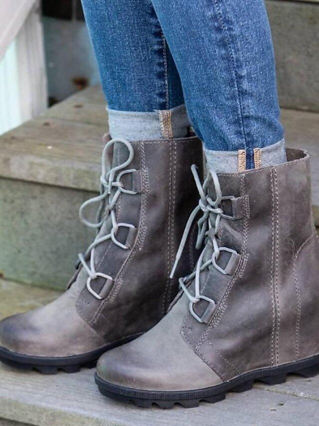Stylish Faux Leather Wedge Lace-Up Boots - Image 2