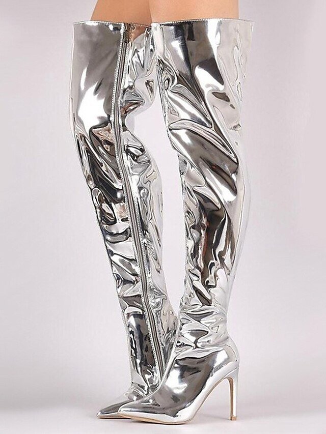 Stylish High Heel Pointed Toe Silver Over-the-Knee Boots - Image 2