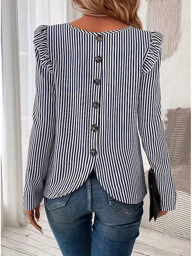 Stylish Loose Striped Crew Neck Long Sleeve Asymmetric Hem Tunic - Image 1