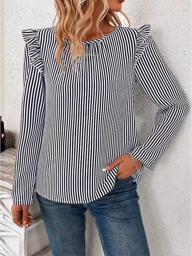 Stylish Loose Striped Crew Neck Long Sleeve Asymmetric Hem Tunic - Image 2