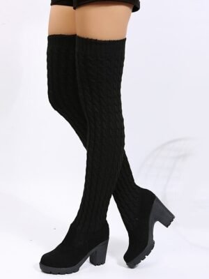 Stylish Over-the-Knee Knitted Round Toe Chunky Heel Boots - Image 2