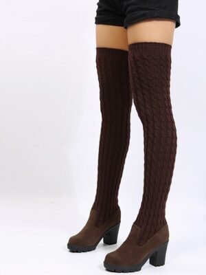 Stylish Over-the-Knee Knitted Round Toe Chunky Heel Boots - Image 3