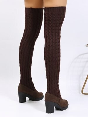 Stylish Over-the-Knee Knitted Round Toe Chunky Heel Boots - Image 4
