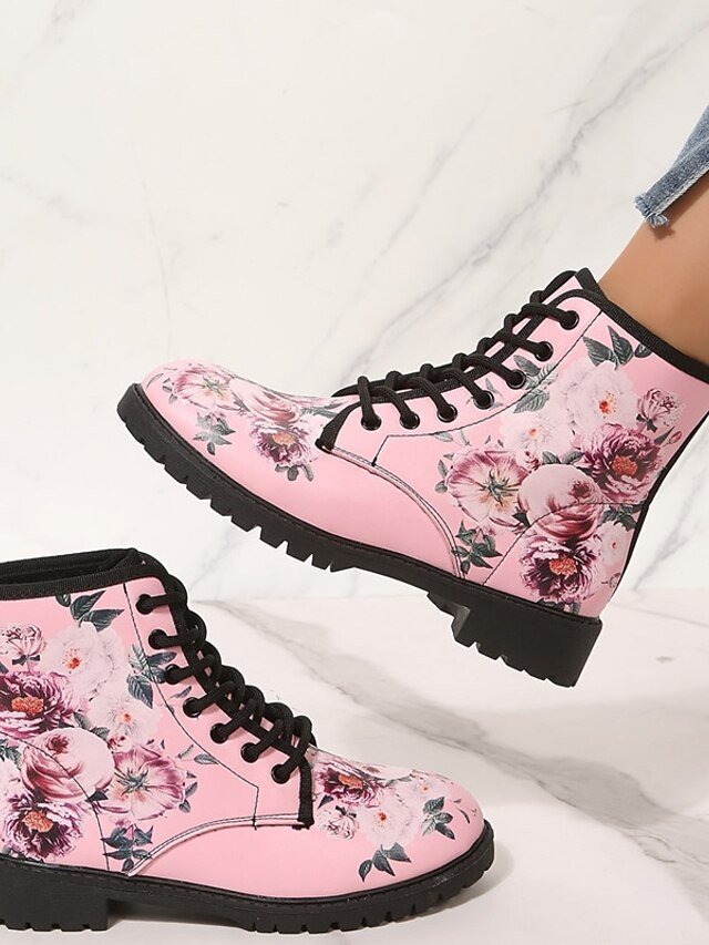 Stylish Pink Floral Combat Boots - Image 1