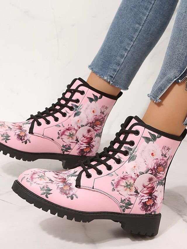 Stylish Pink Floral Combat Boots - Image 2