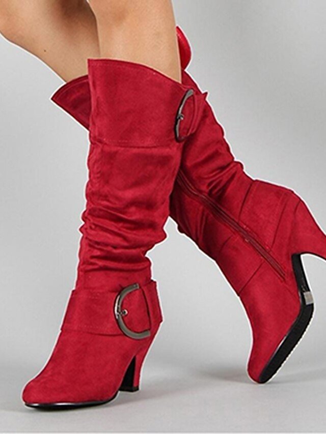 Stylish Slouchy Buckle Knee-High Suede Mid Heel Boots - Image 2