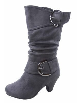 Stylish Slouchy Buckle Knee-High Suede Mid Heel Boots - Image 9