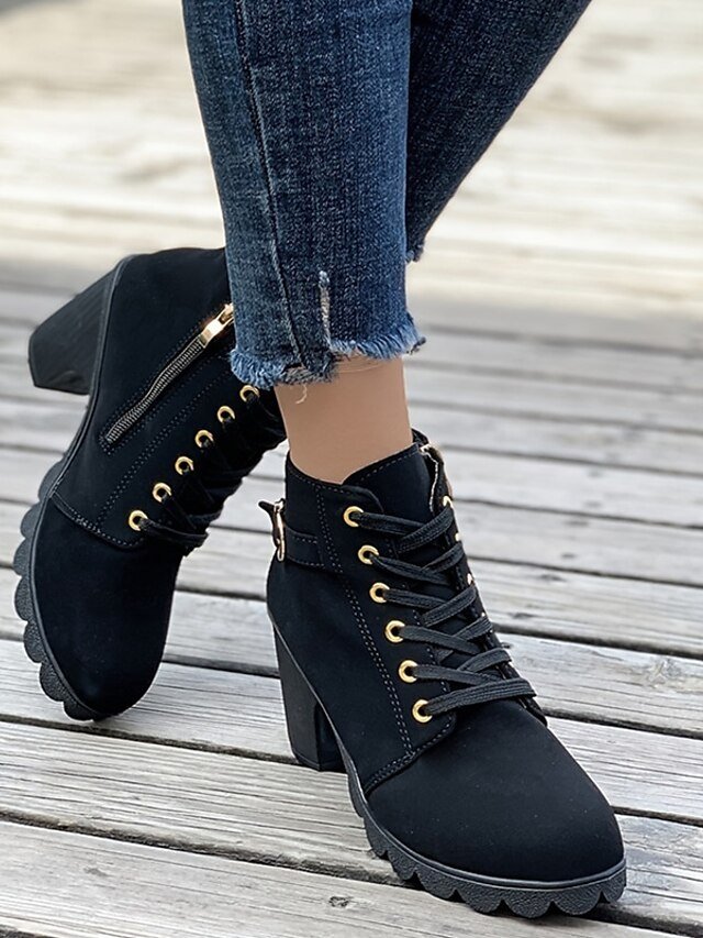 Trendy Chunky Heel Lace-Up Black Ankle Boots - Image 2