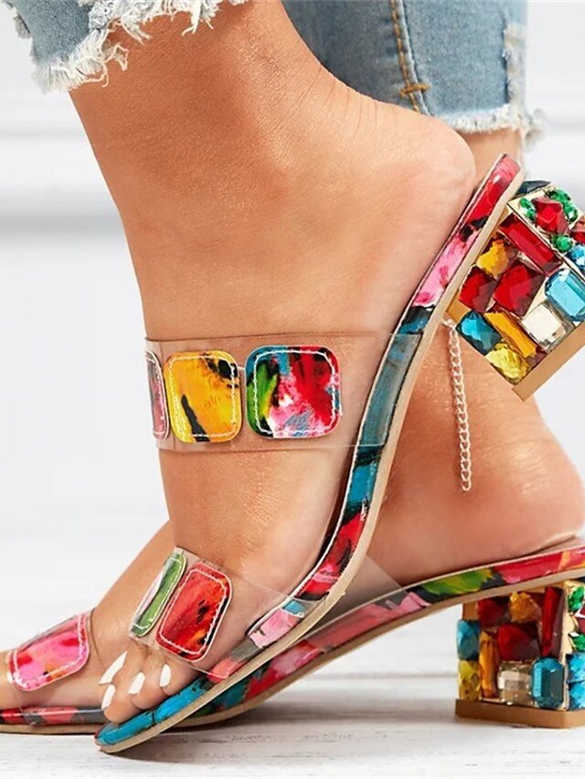 Trendy Open-Toe Gem-Embellished Transparent Block Heels - Image 1