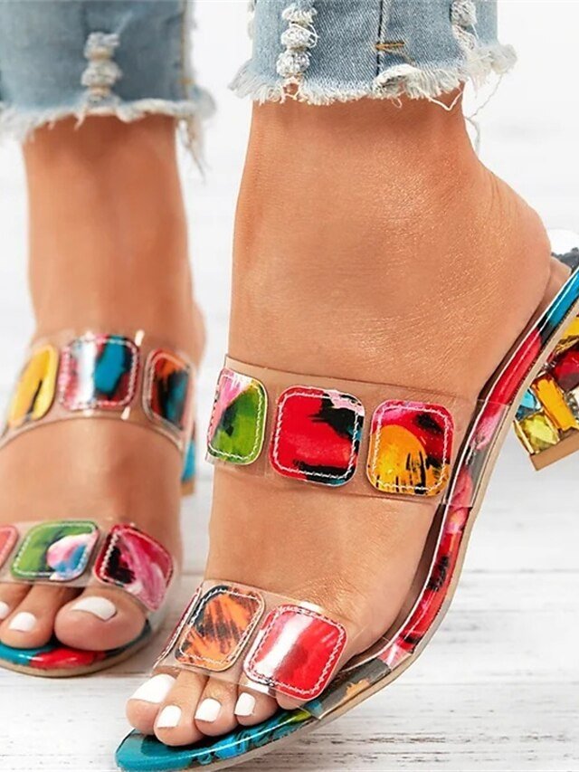 Trendy Open-Toe Gem-Embellished Transparent Block Heels - Image 2