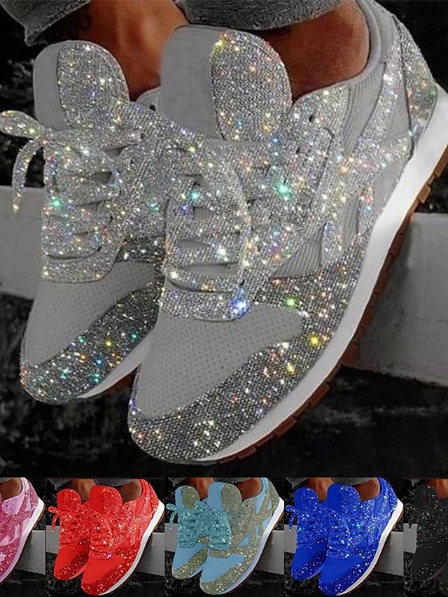 Trendy Round Toe Silver Glitter Lace-Up Sneakers - Image 1