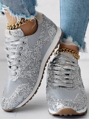 Trendy Round Toe Silver Glitter Lace-Up Sneakers - Image 4