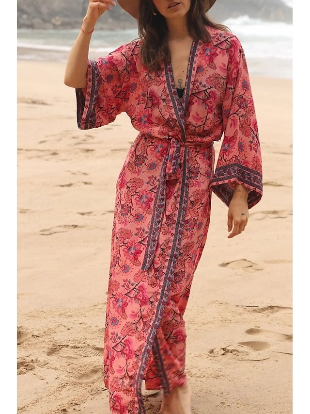 Tropical Flower V Wire Long Sleeve Swimwear Cover Up - Image 2
