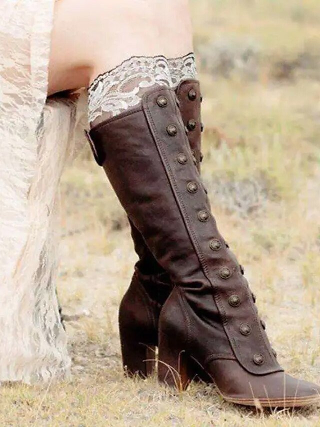 Vintage Brown Knee-High Leather Button Detail Block Heel Boots - Image 1
