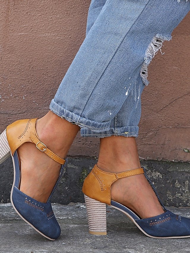 Vintage Casual Two-Tone Round Toe T-Strap Heeled Shoes - Image 2